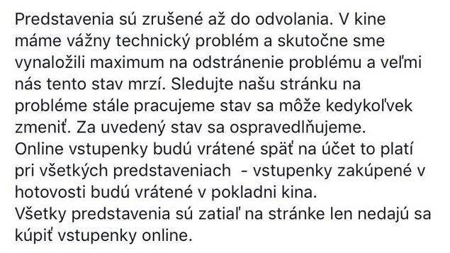 KINO JE ZATVORENÉ Z TECHNICKÝCH PRÍČIN 